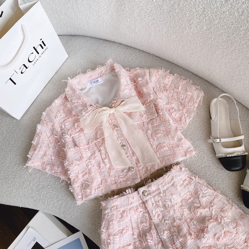 SET CROPTOP DẠ HỒNG LÔNG VŨ THẮT NƠ VOAN + CHÂN VÁY