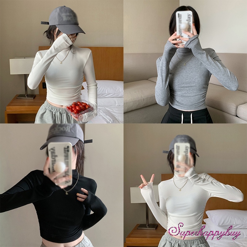 Áo Thun Tay Dài Cổ Cao Màu Trơn Thời Trang Xuân Thu Dành Cho Nữ