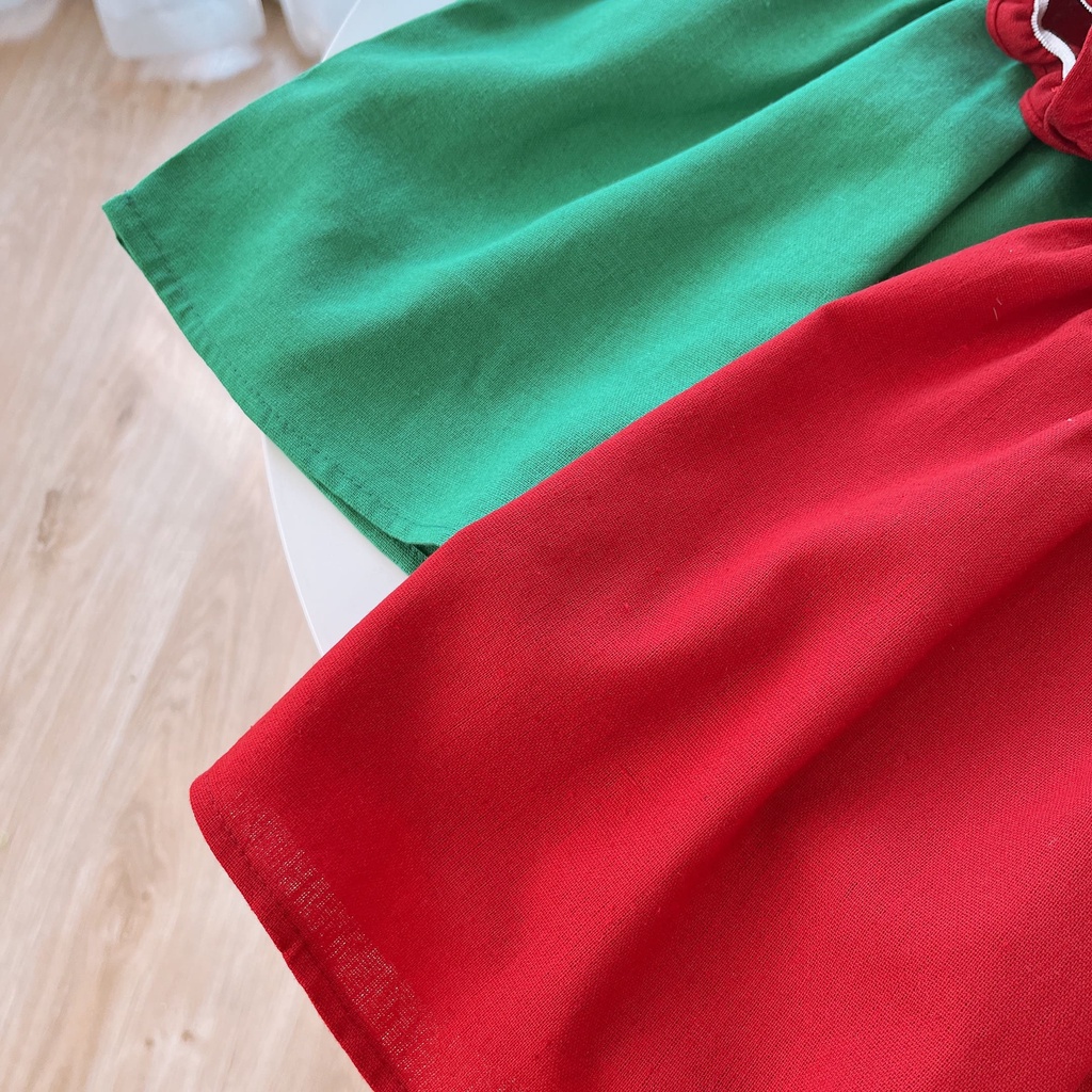 Váy NOEL bé gái  NRA19 babydoll chất linen xanh,đỏ phối thêu cổ Ngò Rí Store