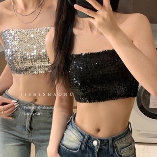Ống Sequined Top Mùa Hè Mới Co Giãn Slim-Fit Không Tay Ngắn myqx