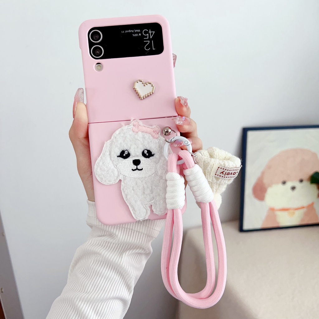 Bao Da Điện Thoại Nắp Gập Chống Va Đập Kèm Dây Đeo Tay Thêu Hình Chú Cún Dễ Thương Dành Cho samsung galaxy z Flip 3 Flip 4 Flip 5 Ốp