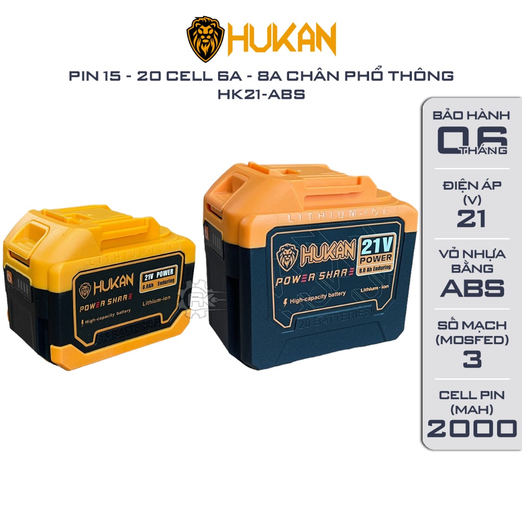 Pin HUKAN 15 Cell, 20 Cell Dung lượng 6A 8A, Mạch 3 mosfed, Cell pin 2000mAh mẫu mới 2023