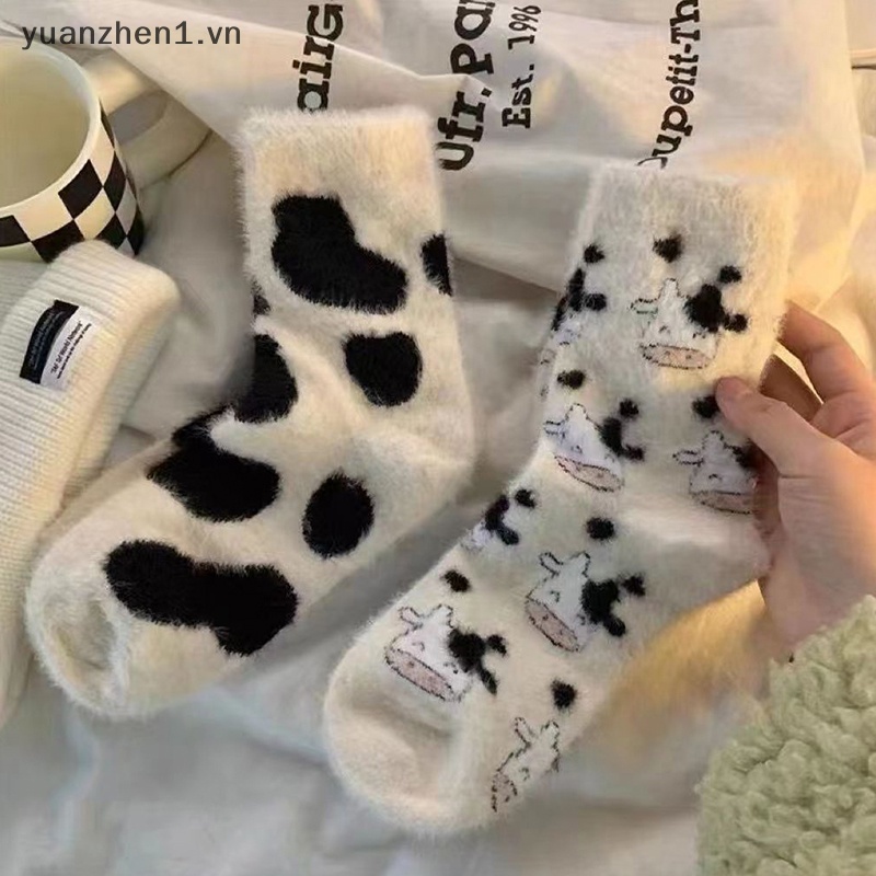 Zhen Vớ Nhung San Hô Giữ Ấm Mùa Đông In Họa Tiết Bò Sữa Vui Nhộn sox vn