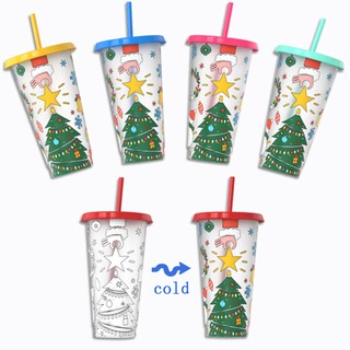 Cốc uống cà phê 710ml có nắp chống bụi thay đổi màu sắc họa tiết giáng sinh dễ thương