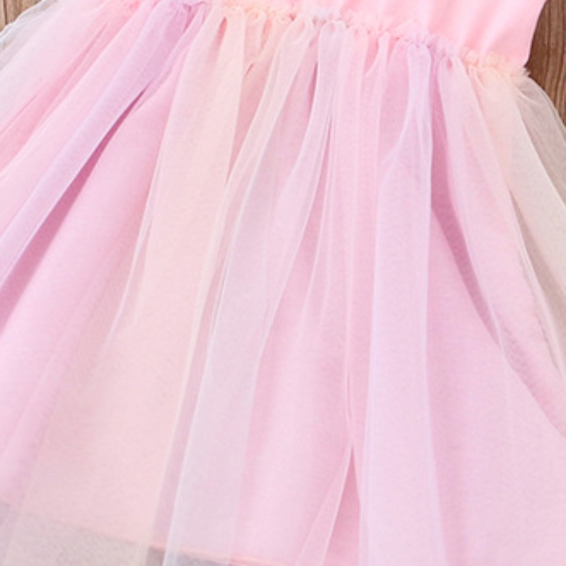 Đầm Tay Ngắn In Họa Tiết Hoạt Hình Phối Lưới Màu Cầu Vồng Thời Trang Xinh Xắn Cho Bé Gái