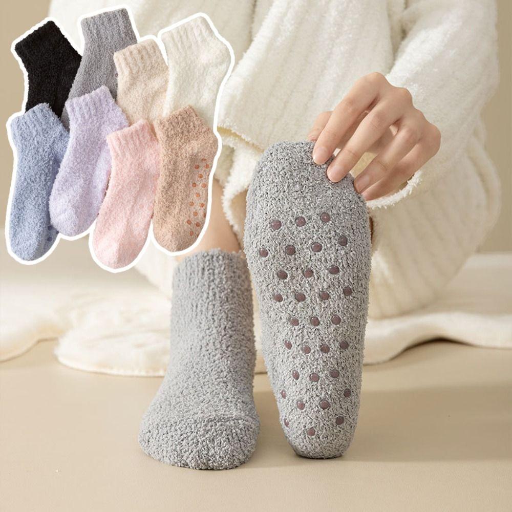 Vớ cotton Nhung San Hô Dày Dặn Màu Trơn Giữ Ấm Chống Trượt Cho Nữ