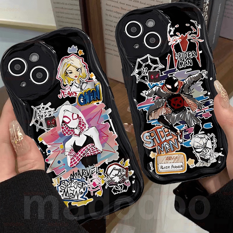 Ốp lưng Cute Fine Hole Anti-fall Samsung Galaxy S24 S23 Ultra S22 Plus S21 S20 FE 5G A11 A50 A30S A50S A10S A20S A20 A30 A31 A51 A71 4G A21S A02S A03S M11 Cartoon SpiderMan Gwen Graffiti Cream Edge Couple Phone Case Cover NY 76
