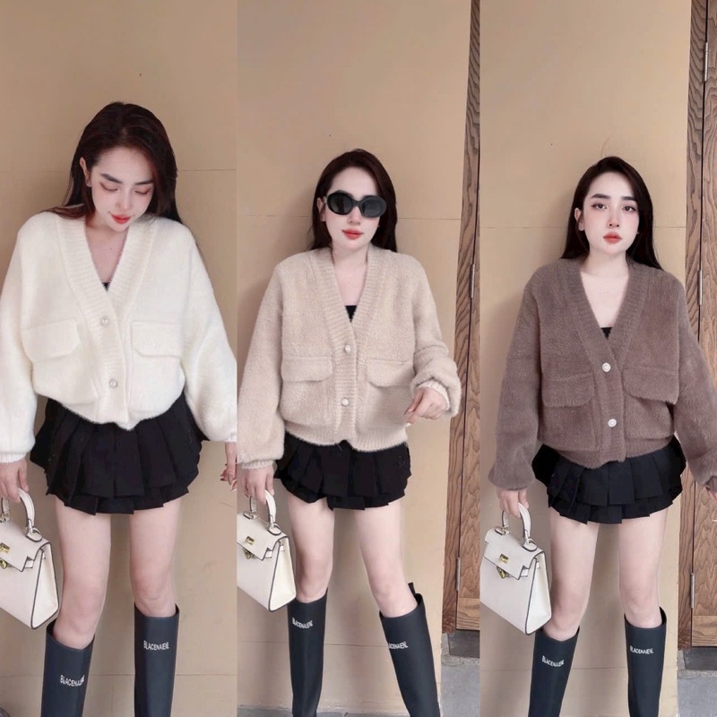 Áo khoác len lông túi 2 bên khuy ngọc, áo cadigan len lông thỏ dày đẹp hàng QCCC
