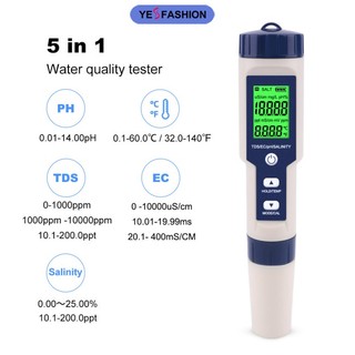 Yesfashion thiết bị kiểm tra chất lượng nước 5 trong 1 tds / ec / ph / salinity / đo nhiệt độ bể bơi