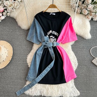 Đầm denim Ngắn Cổ Tròn In Họa Tiết Thời Trang Mùa Hè Phong Cách Mới Cho Nữ