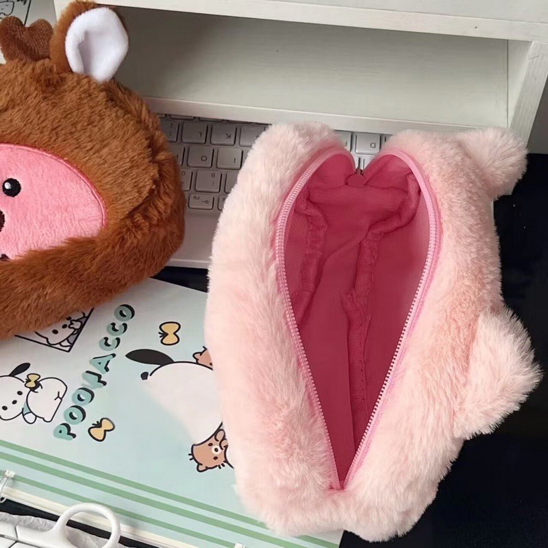 Túi Đựng Bút / Mỹ Phẩm Phủ Lông Họa Tiết Hoạt Hình Màu Hồng beaver loopy Dễ Thương Dành Cho