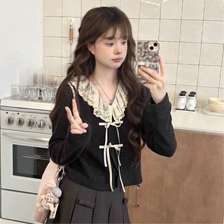 Áo cardigan dệt kim phối ren thắt nơ dễ thương thời trang cho nữ