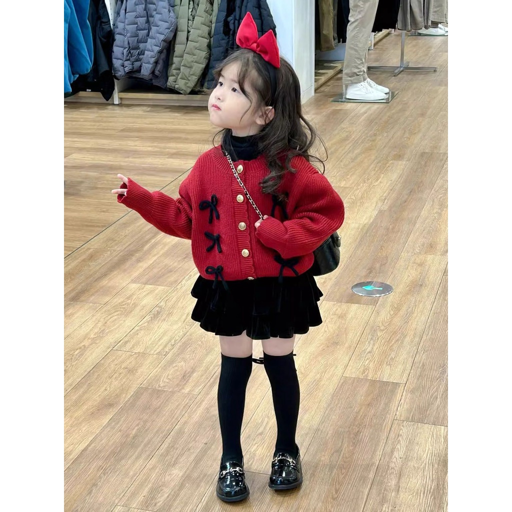 Áo Khoác cardigan Len Phối Nơ Phong Cách Giáng Sinh Thu Đông Năm Mới 2024 Cho Bé Gái