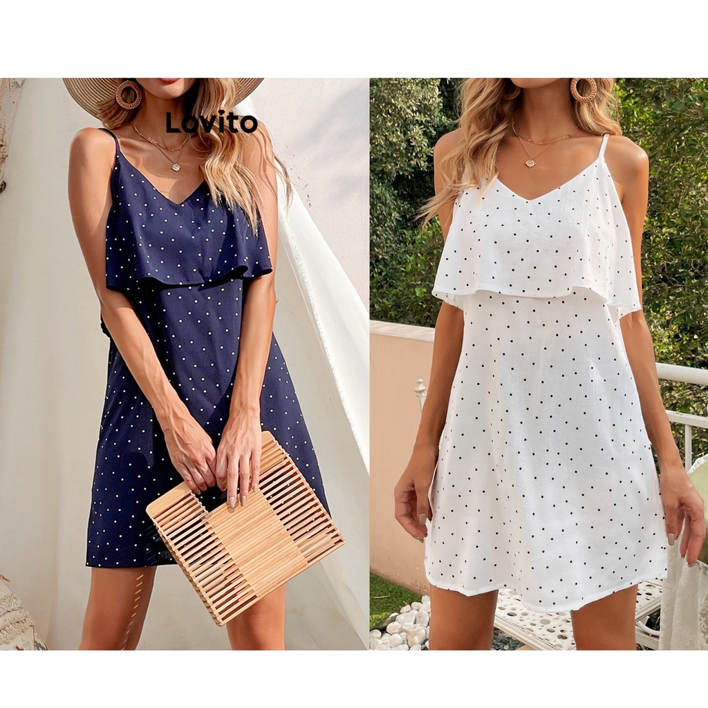 Lovito Đầm hở lưng xếp nếp chấm bi thông thường cho nữ LNL43002