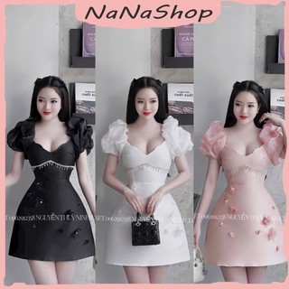 Đầm Dự Tiệc Tay Bồng Chất Tapta Phối Nơ Đá Dây Đính Cườm Cách Điệu Với 3 Màu Đen, Trắng,Hồng