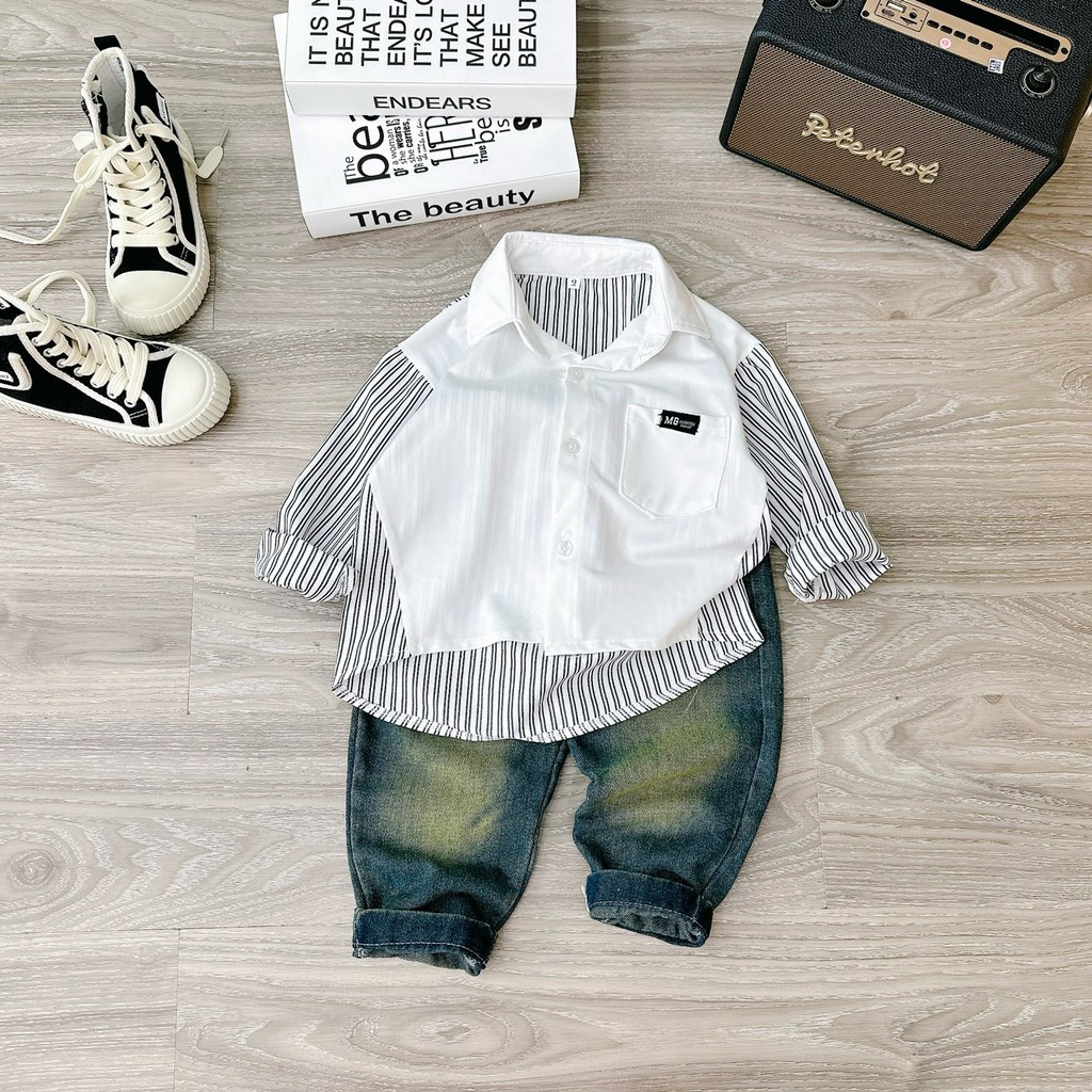 Bộ sơmi trắng phối kẻ quần jean size cho bé 9-28kg