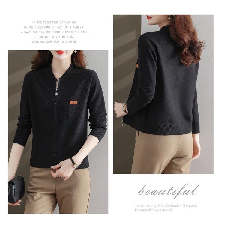 Áo Khoác cardigan Dệt Kim Tay Dài Cổ Đứng Có Khóa Kéo Phong Cách Phương Tây Cho Nữ