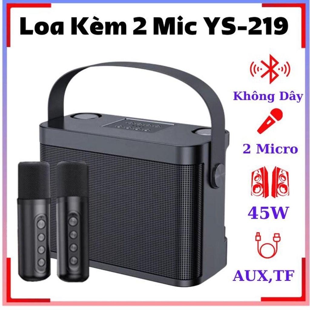 Loa karaoke Kèm Micro Bluetooth YS-219 có 2 micro không dây, Âm Thanh Siêu Hay Thẻ nhớ TF USB cổng AUX 3.5