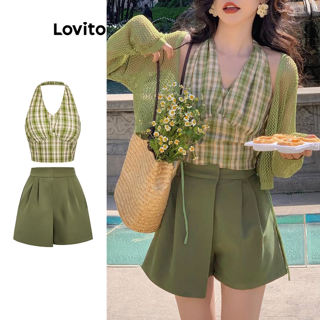 Lovito Bộ quần short dây hở lưng kẻ sọc giản dị cho nữ L62ED109 (Áo/Quần)