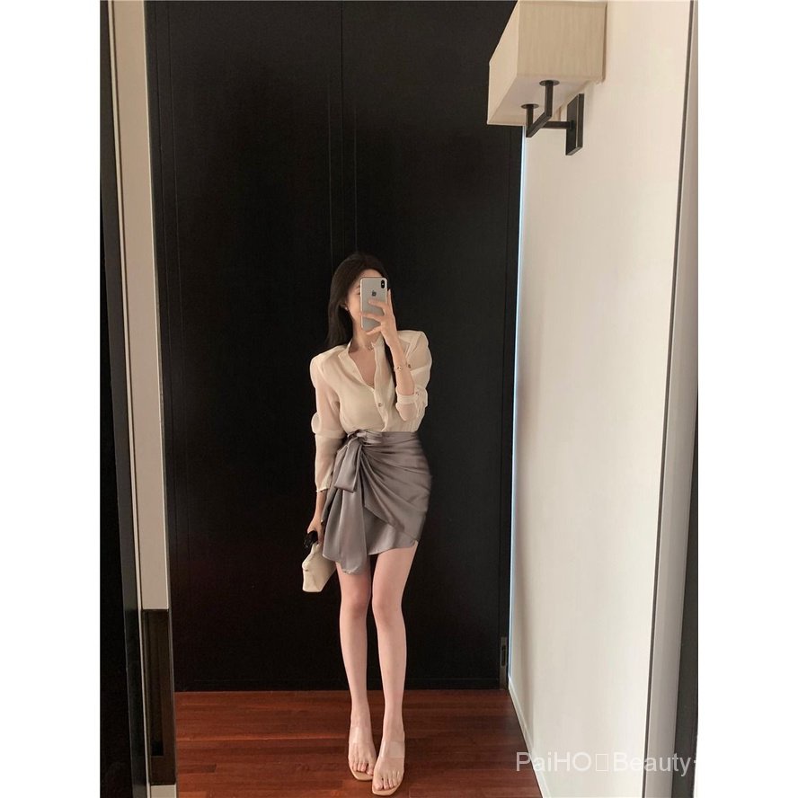 PaiHO❤ Áo Sơ Mi Chống Nắng Dáng Rộng Vải Tuyn + Chân Váy Eo Cao Thời Trang Mùa Hè Hàng Mới Dành Cho Bạn Nữ