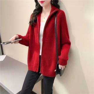 Áo sweater dệt kim dáng rộng màu trơn phối khóa kéo thời trang thu đông dễ phối đồ