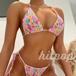 Bộ đồ bơi bikini áo ngực cổ yếm không tay phối quần short in hoa thời trang cho nữ