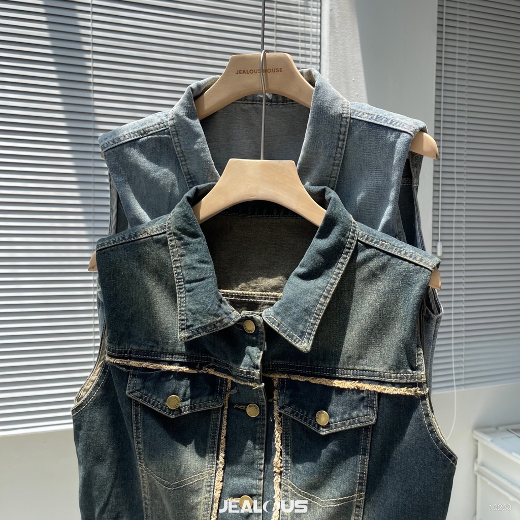 Áo gile denim rua rua ngang độn vai - 10238