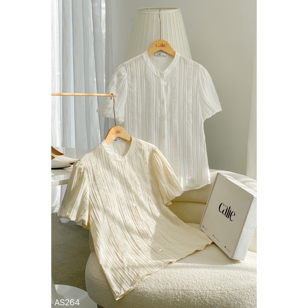Áo sơ mi nữ cổ tàu phối ren tay bo CALIE AS264