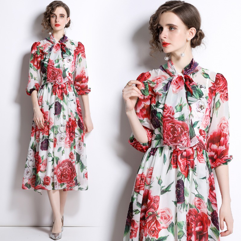 Đầm chiffon Chữ a Tay Dài Cổ Thắt Nơ Eo Cao In Họa Tiết vintage Thanh Lịch Thời Trang Xuân Hè Dành Cho Bạn Nữ