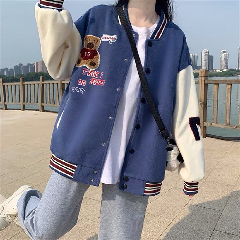 Áo khoác bomber varsity thêu hình gấu teddy , chất nỉ ấm áp phong cách cho cả nam và nữ EB014 Meme
