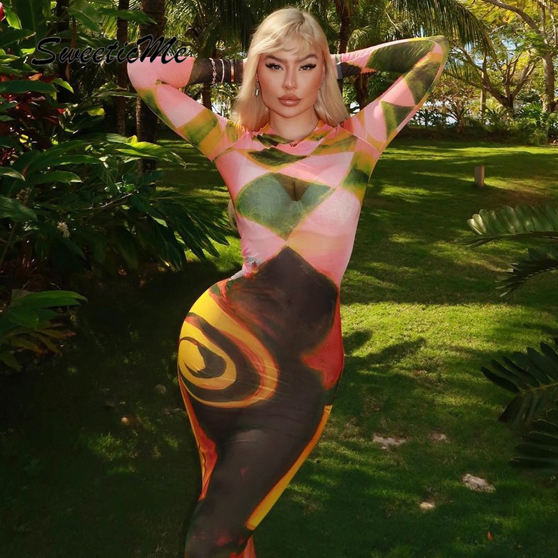 Sweeticme Đầm Dài Tay Cổ Tròn Phối Màu Tương Phản Thời Trang 2023 Cho Nữ