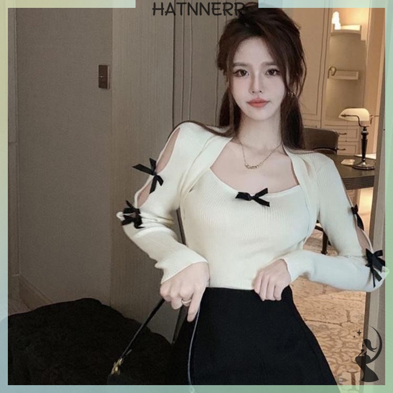 Áo sweater Dệt Kim Tay Dài Cổ Vuông Đính Nơ Ngọt Ngào Thời Trang Mùa Thu Cho Nữ fhs