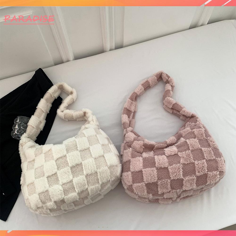 Túi Đeo Chéo Phủ Lông Mềm Mại Họa Tiết Caro Thời Trang Thu Đông Cho Nữ