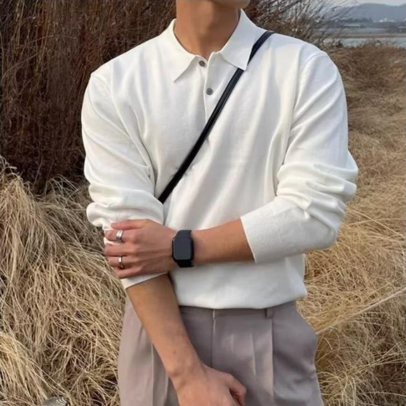 Áo Thun polo Dệt Kim Tay Dài Màu Sắc Đơn Giản Phong Cách retro Nhật Bản Cho Nam Giới