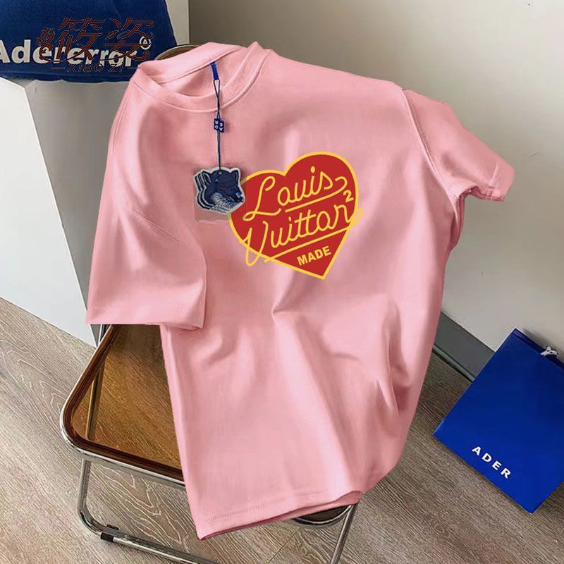 Áo Thun Tay Ngắn Cổ Tròn Dáng Rộng In Hình Trái Tim Phối Thẻ Thời Trang Mùa Hè Cho Nam Và Nữ