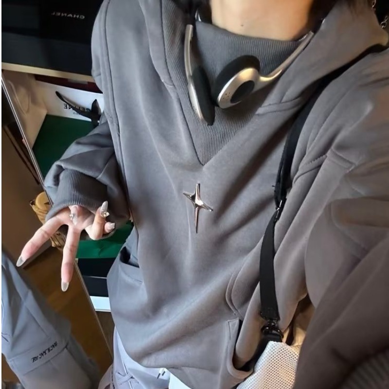 Áo hoodie Dáng Rộng Phối Màu Ánh Kim Thời Trang Đường Phố Mùa Thu Cho Nam
