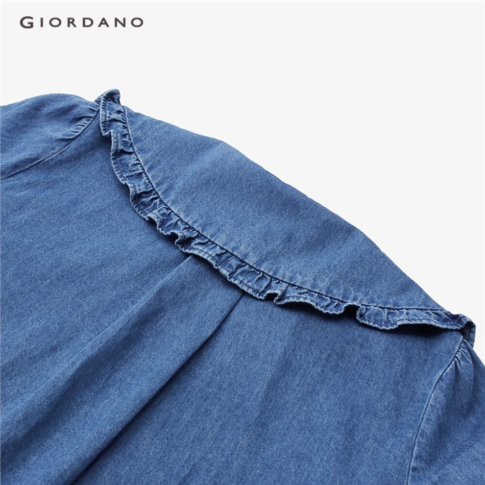 GIORDANO WOMEN Doll collar long sleeve loose denim shirt 13343802