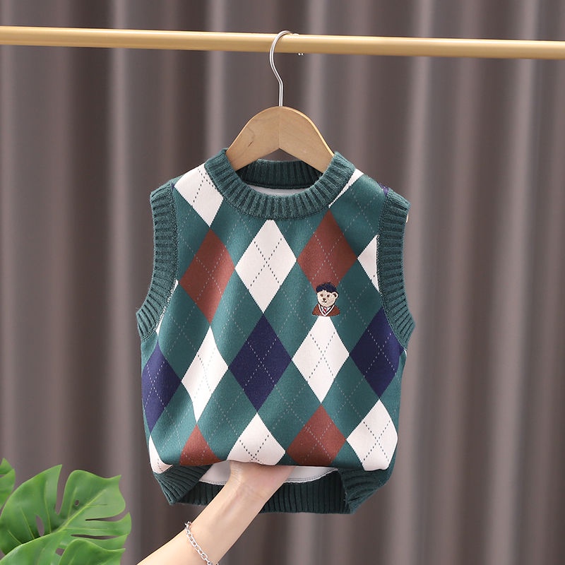 Áo Ghi Lê Dệt Kim Không Tay Cổ Tròn Đính Kim Cương Phong Cách Hàn Quốc Thời Trang Mùa Thu Mới Dành Cho Bé Trai