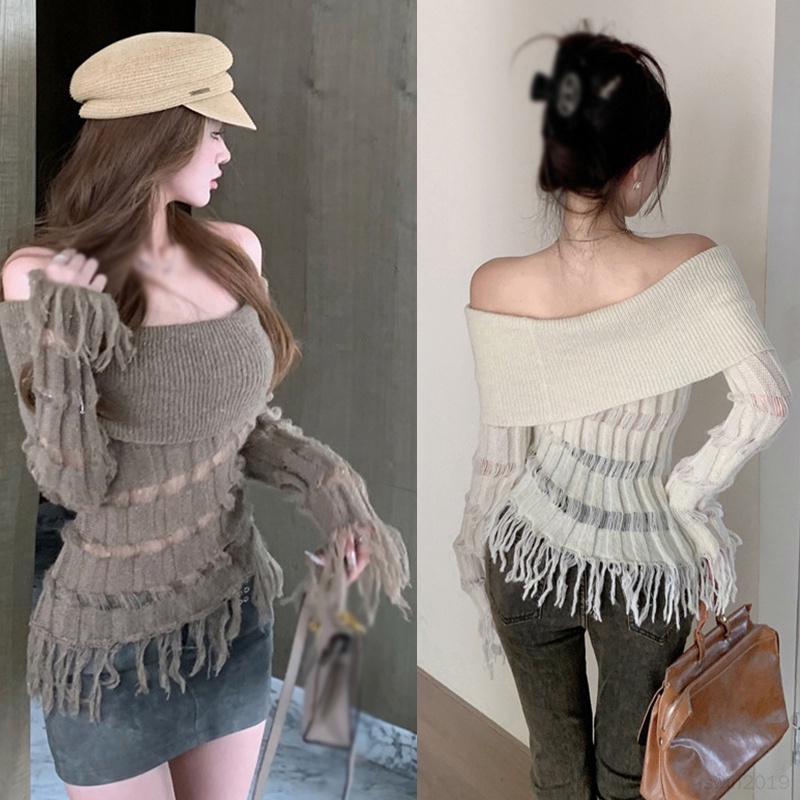 Áo sweater Tay Dài Hở Vai Phối Tua Rua Màu Trơn Giữ Ấm Mùa Thu Cho Nữ