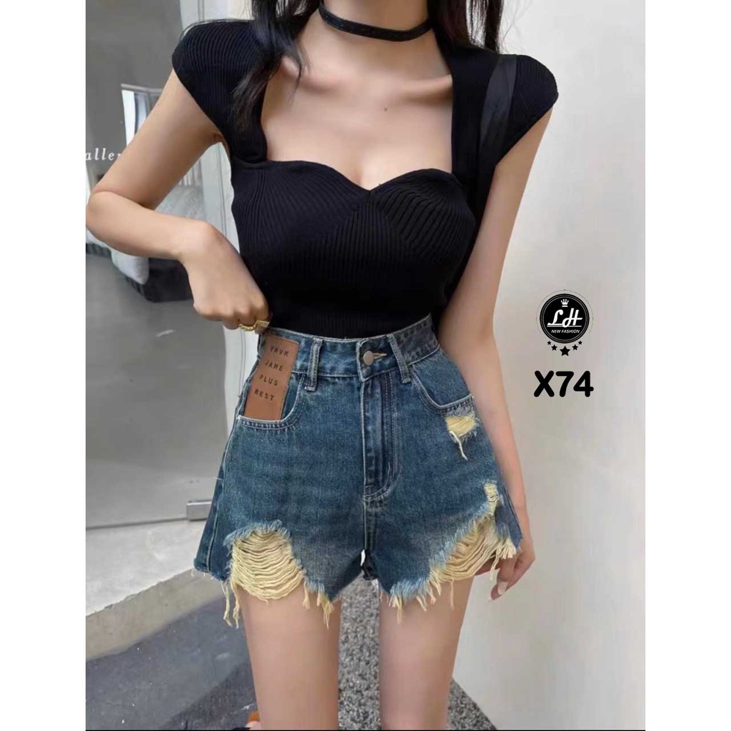 Quần short jean nữ màu xanh rách lai tag hồng cạo cao đơn giản Lê Huy Fashion MS X74