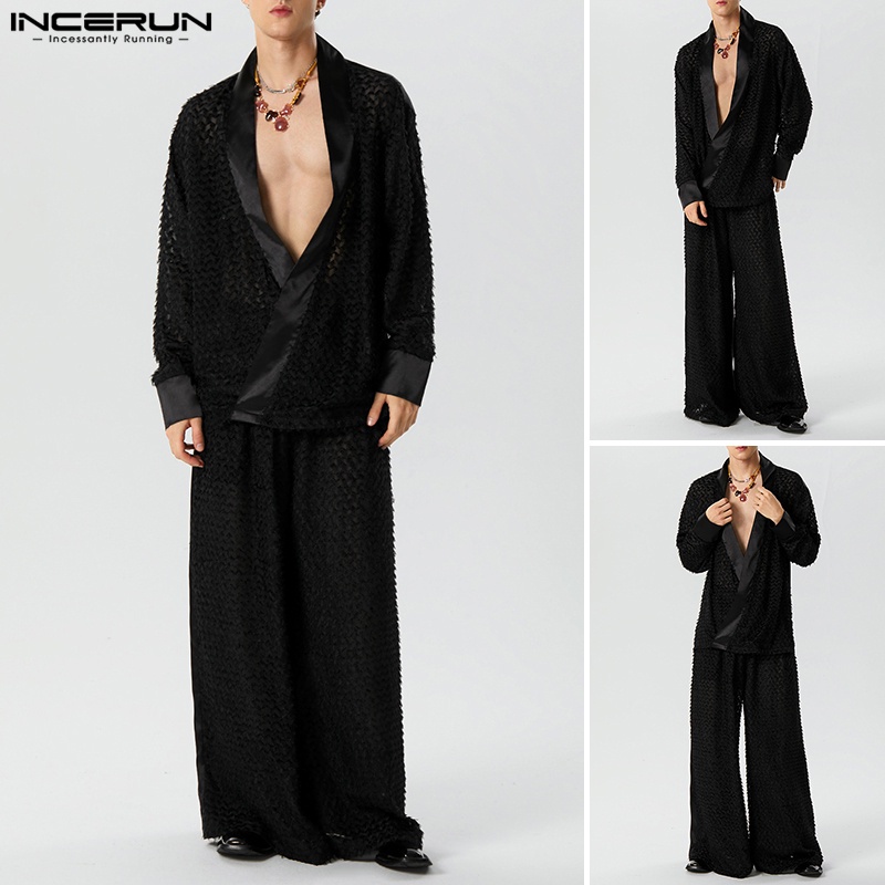 INCERUN Bộ Áo Khoác cardigan Dài Tay Xuyên Thấu + Quần Ống Rộng Thời Trang vintage Dành Cho Nam