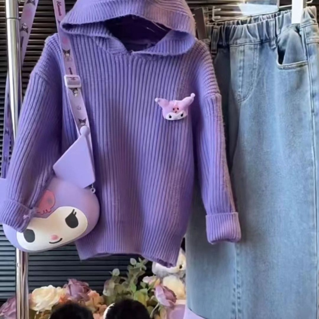 Áo sweater Dệt Kim Có Mũ Trùm Họa Tiết Hoạt Hình kuromi Thời Trang Thu Đông 2023 Cho Bé