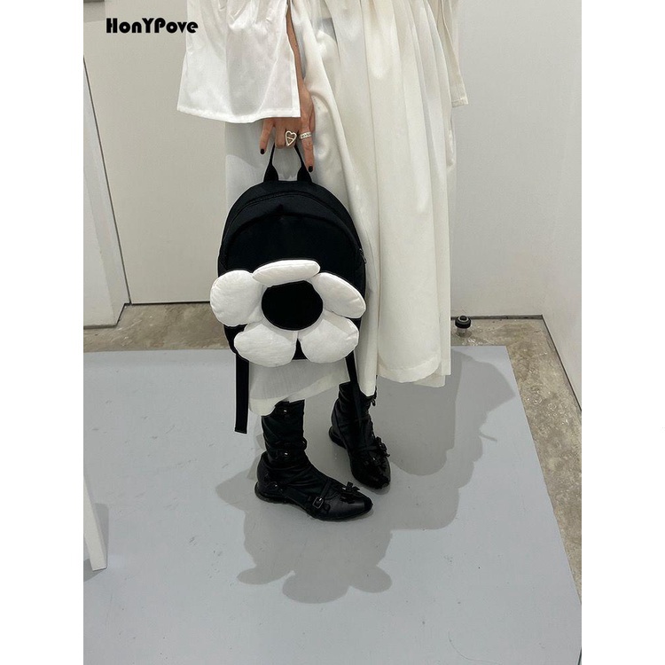 Ba Lô nylon In Hoa Trắng Đen Thời Trang Mùa Xuân xq04