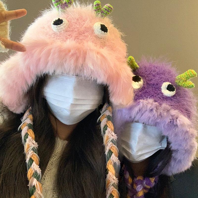 Mũ Len Dệt Kim Dày Dặn Giữ Ấm Tai Hình Quái Vật Nhỏ Dễ Thương Cho Nữ