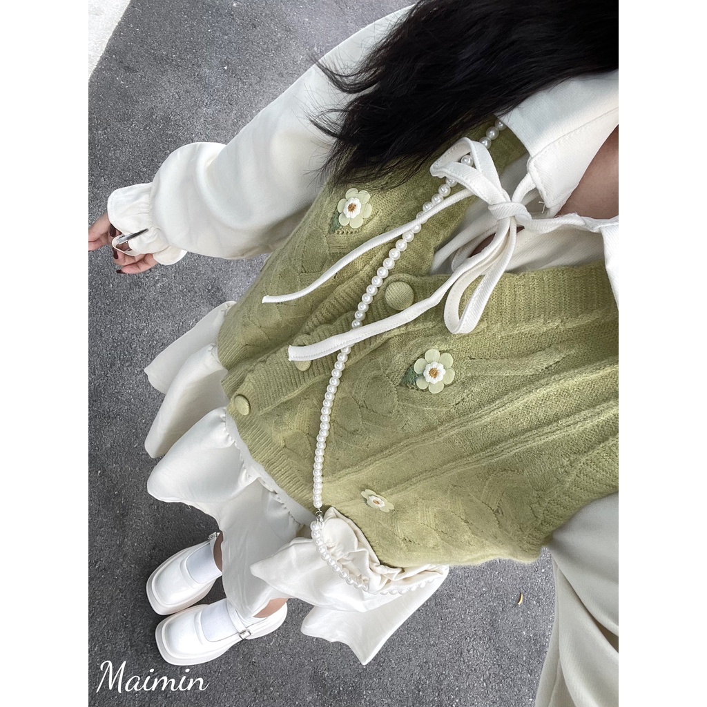 Set 3 chi tiết áo gile hoa váy sơ mi bèo kèm túi hàng QC