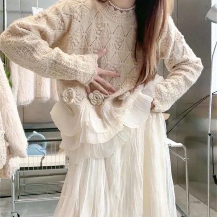 Áo Len Hàn dệt hoa phối 3 tầng tơ bèo dệt kim hoạ tiết Viviene