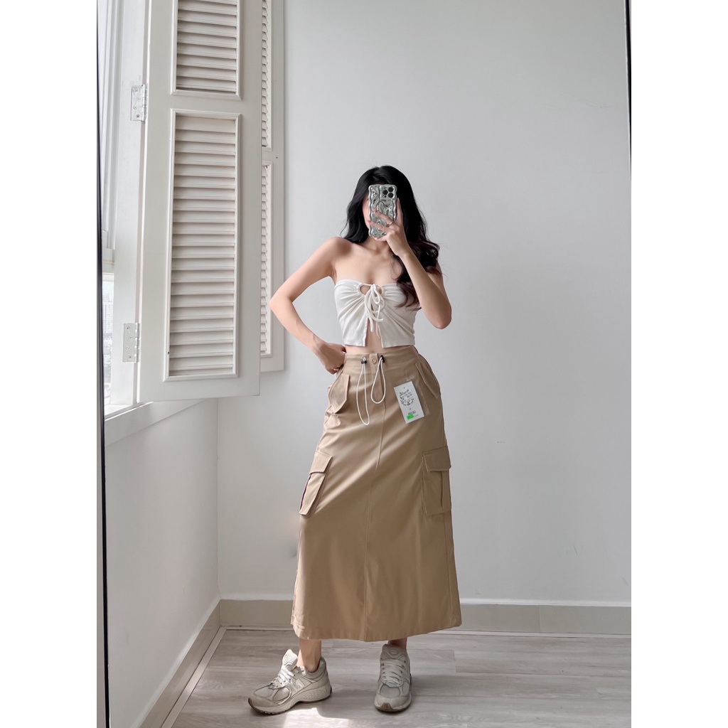 AIORI - Váy Dài Nữ KaKi Túi Hộp Lưng Thun Co Giãn Có Dây Siết Eo Mã V010