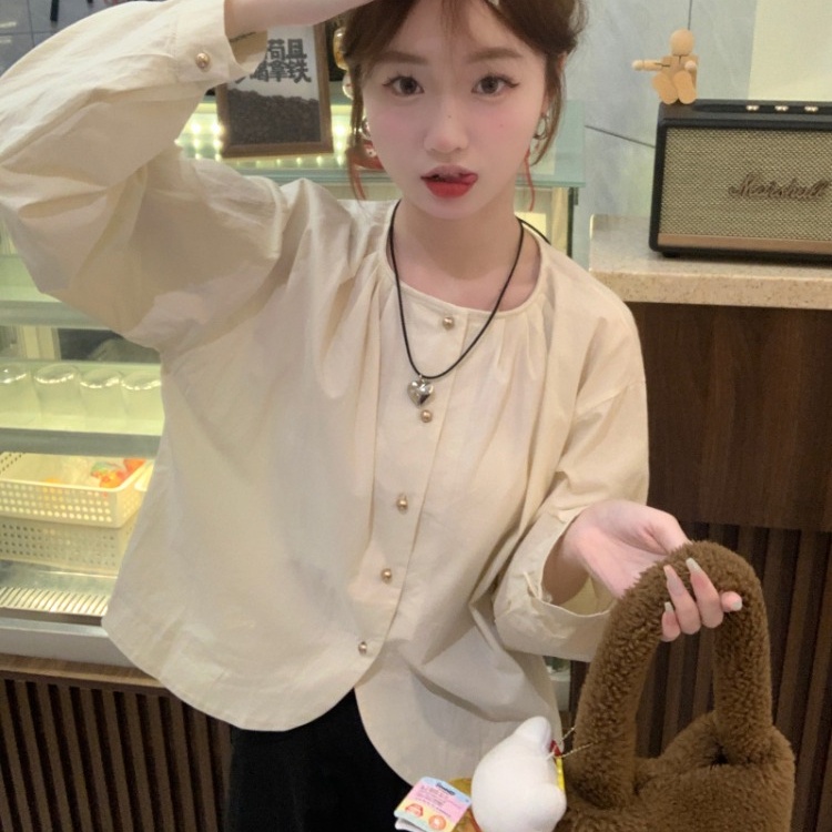 Liên Kết Liên Kết Với Nhau ♥ Áo Sơ Mi Tay Dài Cổ Tròn Màu Sắc Đơn Giản Phong Cách Hàn Quốc Thời Trang Cho Nữ