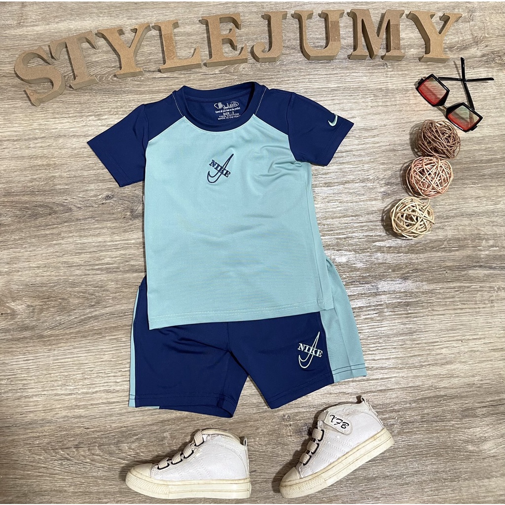 Size 1-12  - Bộ đồ bé trai thun lạnh thể thao có tay quần đùi thêu logo N-I-K-E  }