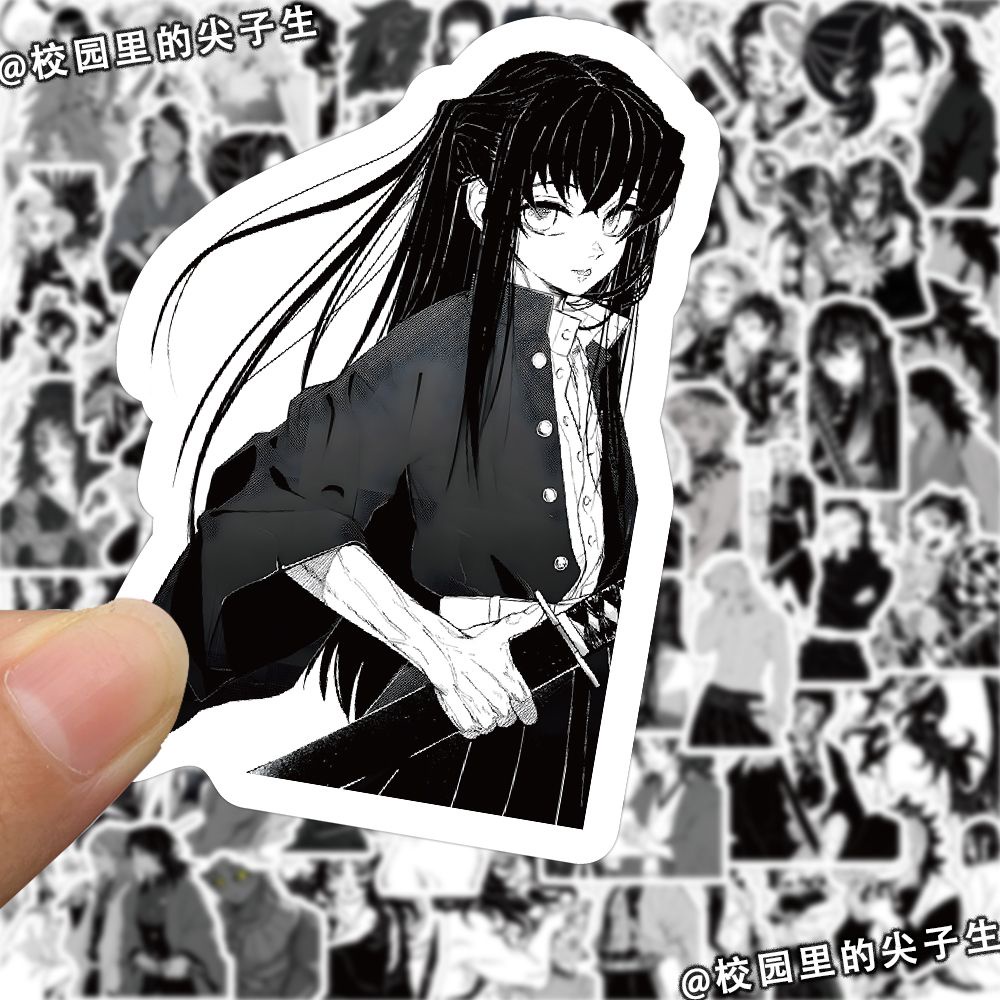 Set 100 Miếng Dán Trang Trí Điện Thoại / laptop / Vali / Mũ Bảo Hiểm Hình anime demon slayer Màu Trắng Đen